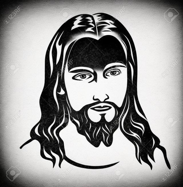 イエス・キリストは、シルエットの黒と白のイラストにスケッチアートに直面しています。
