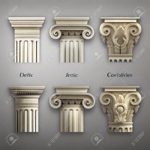 columnas estilizadas y realistas en diferentes estilos - iónico, dórico, corintio - para sus diseños arquitectónicos
