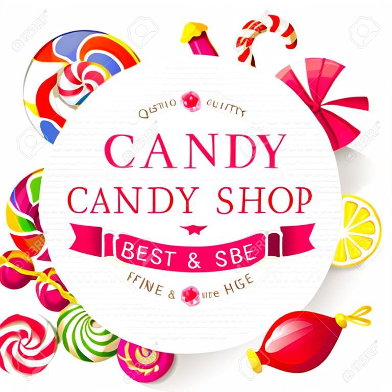 Carta etichetta negozio di caramelle con il tipo di design e noci