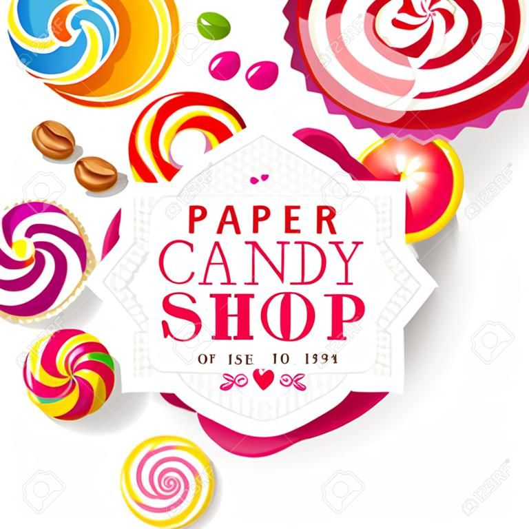 Paper candy shop label with type design and nuts