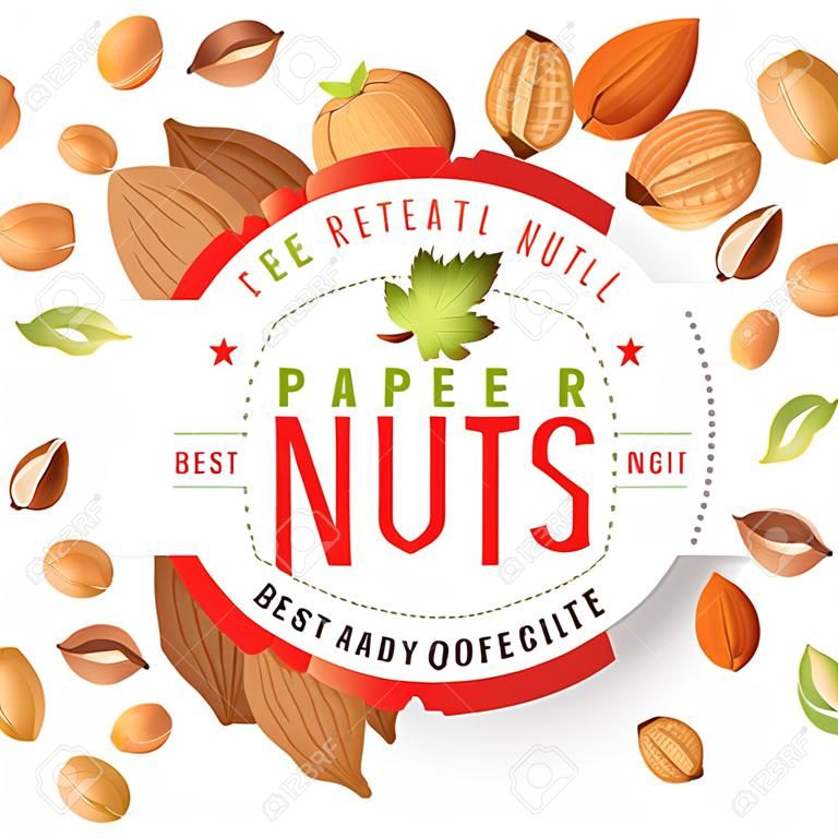 Etiqueta de papel con frutos secos y nueces de diseño de tipo