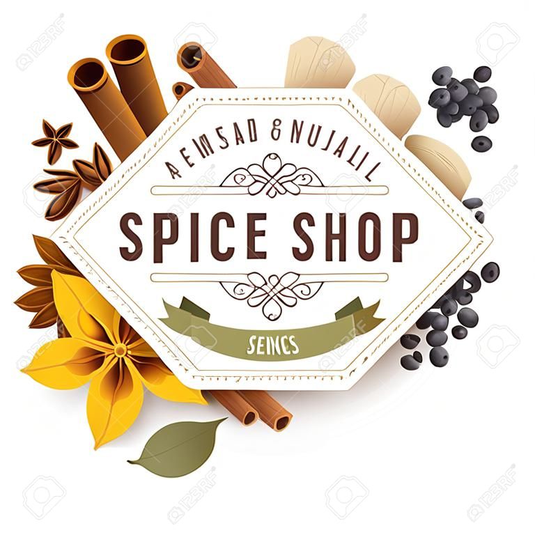 spice shop paper emblem with different spices