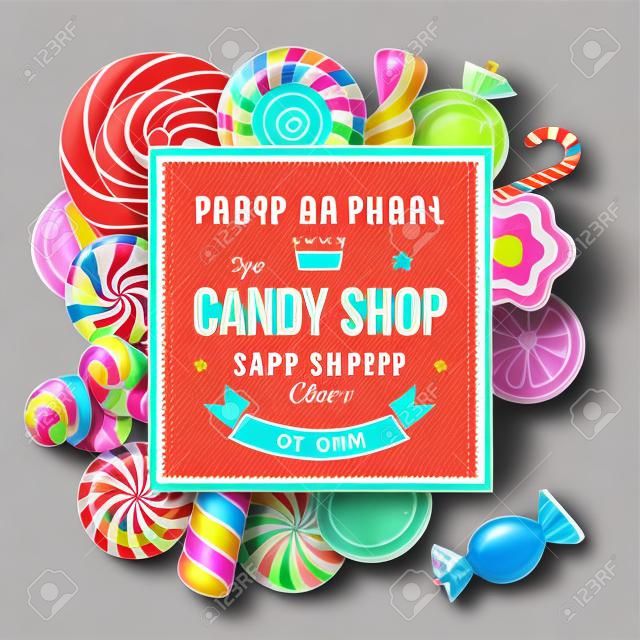 Etichetta di negozio di caramelle di carta con disegno di tipo e lecca-lecca e caramelle