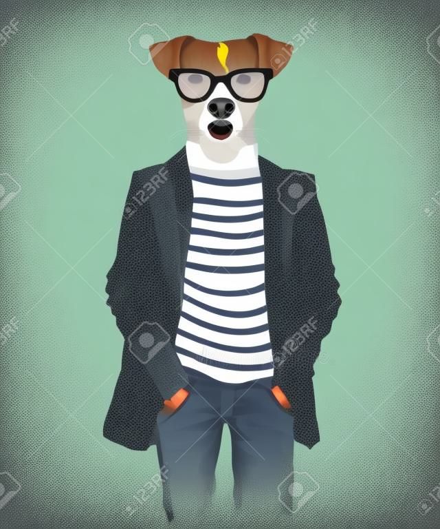 Hand drawn dressed up hipster dog. Vector illustration in hipster style