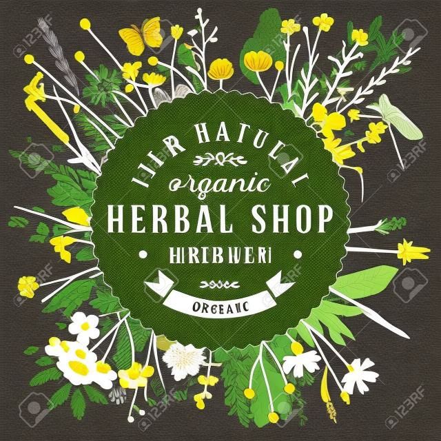 Emblema redondo da loja de ervas sobre o padrão selvagem das ervas e das flores. Fácil de usar em seus projetos orgânicos e eco-amigáveis