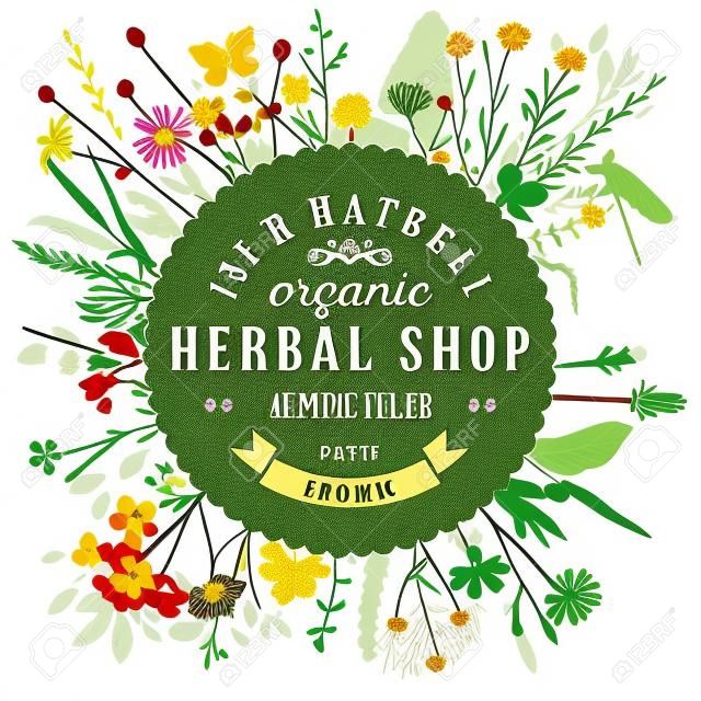 Herbal shop round emblem over wild herbs and flowers pattern. Easy to use in your organic and eco friendly designs