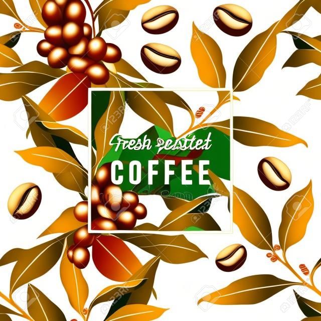 Seamles pattern with coffee plant, beans and type design - Fresh roasted coffee. Vector illustration