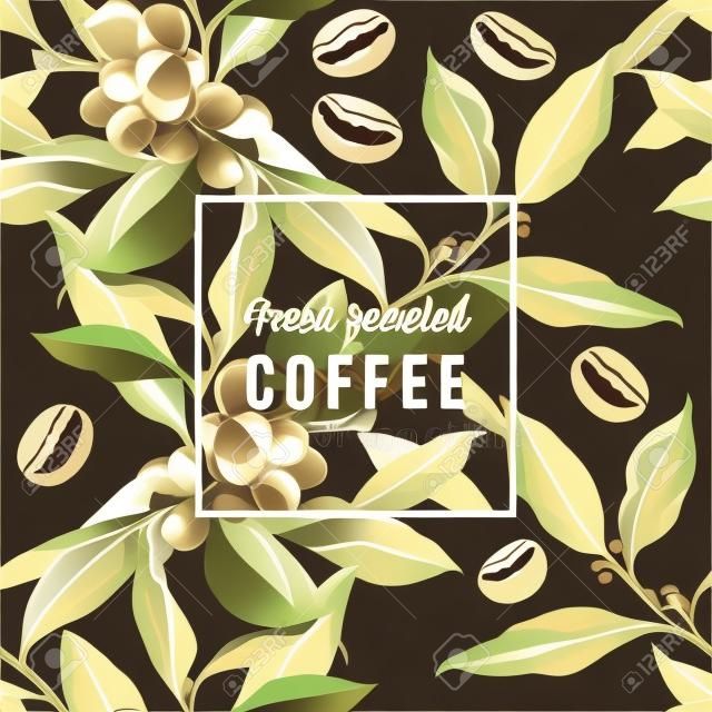Nahtmuster mit Kaffeepflanze, Bohnen und Schriftdesign - Frisch gerösteter Kaffee. Vektor-Illustration