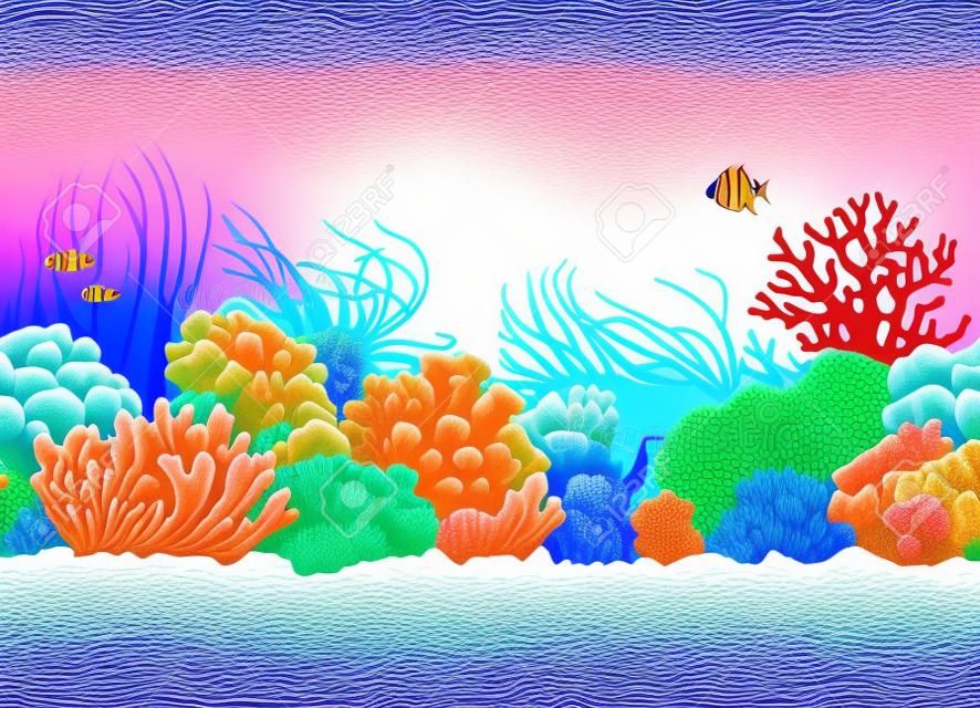 Frontera de arrecife de coral transparente colorido dibujado a mano. Ilustración vectorial
