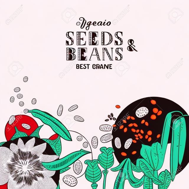 Background with hand drawn seeds and beans. Vector illustration in retro style. Vegan food concept