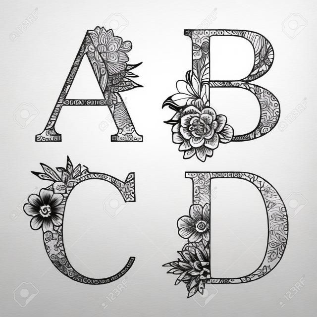 花朵字母纹身艺术着色书隔离在白色背景检查我的其他字母组合
