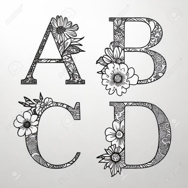 花朵字母纹身艺术着色书隔离在白色背景检查我的其他字母组合