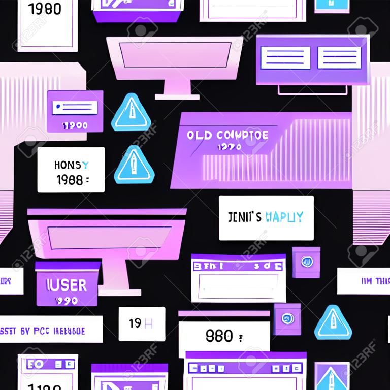 Old computer aestethic 1980s -1990s. Seamless pattern with retro pc elements and user interface.