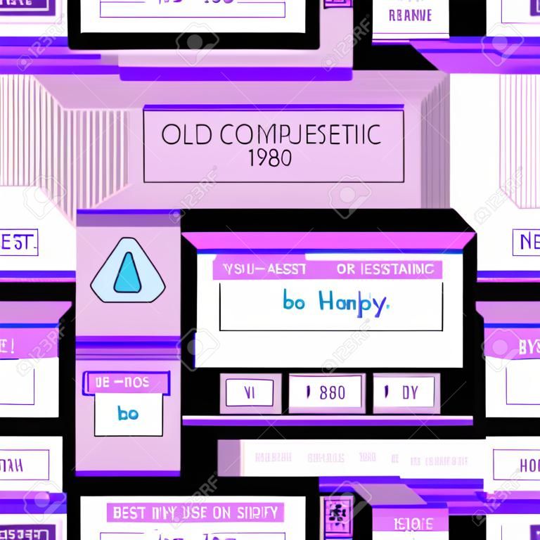 Old computer aestethic 1980s -1990s. Seamless pattern with retro pc elements and user interface.
