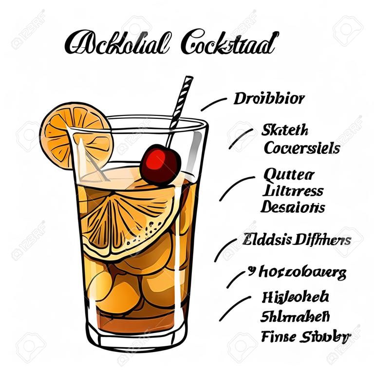 Vector illustration of alcoholic cocktail Old Fashioned sketch