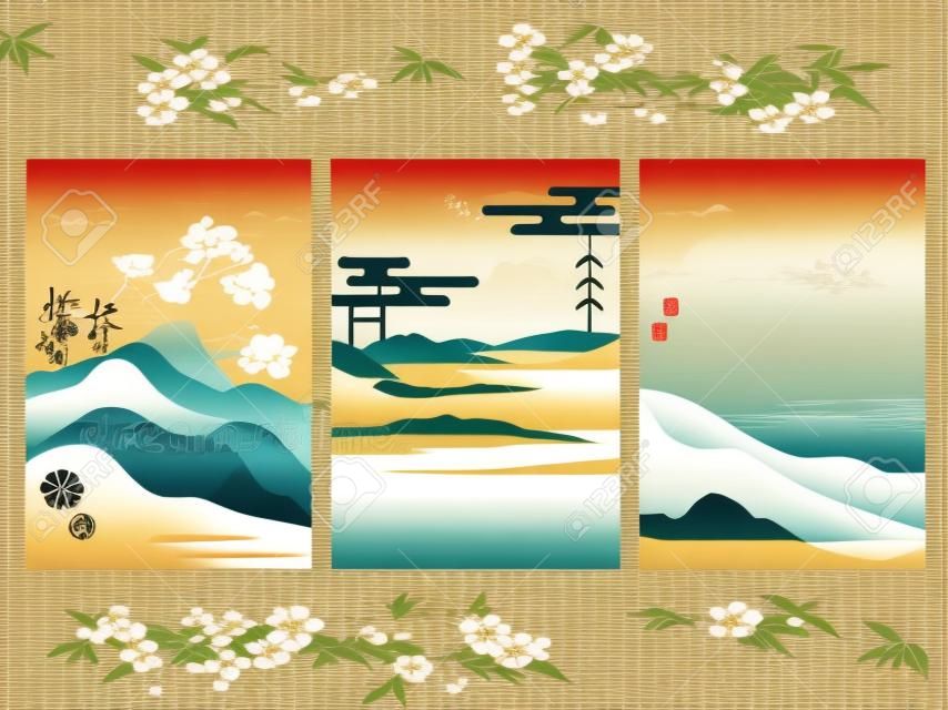 Japońskie tło z azjatyckimi ikonami wektorowymi. elementy fali, bambusa, ptaków i kwiatów wiśni w stylu vintage. tapeta krajobrazowa i górska.