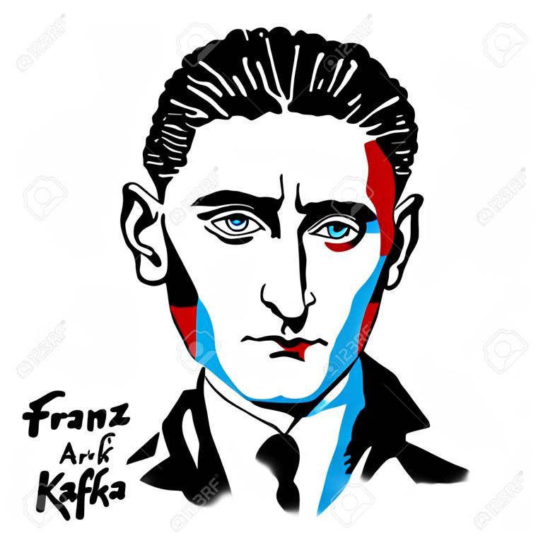 MOSCOW, RUSSIA - AUGUST 21, 2018: Franz Kafka engraved vector portrait with ink contours. German-speaking Bohemian Jewish novelist and short story writer, widely regarded as one of the major figures of 20th-century literature.