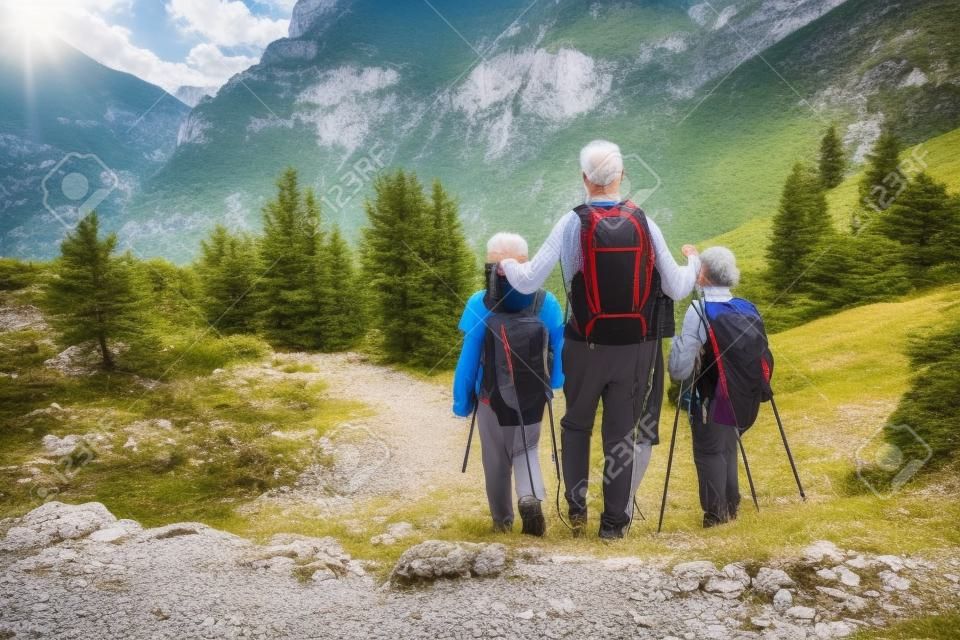 Active seniors on a trip in mountains, Group of tourists living in a healthy lifestyle enjoying nature in Italy, Summer walk in nature, Tourists on oor of rods
