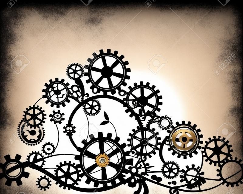 Abstract mechanical background with floral elements, vector illustration. Steampunk gear;