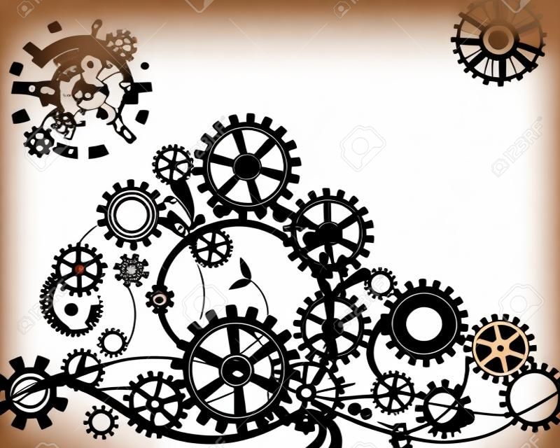 Abstract mechanical background with floral elements, vector illustration. Steampunk gear;
