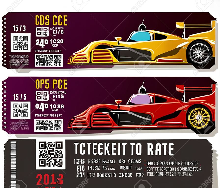 Billete de carrera con ilustración de coche deportivo, con parte snapout y código QR, ducat para competición de carreras de coches