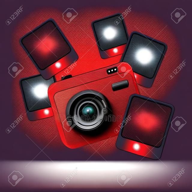 Ilustração digital 3d da câmera fotográfica com fotografias vermelhas em torno dela. ilustração vetorial