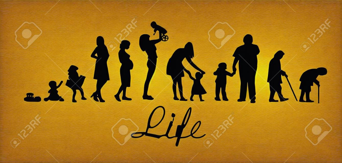 Silhuetas de pessoas. O ciclo da vida. Silhuetas de mulheres desde o nascimento até a velhice. Ilustração vetorial