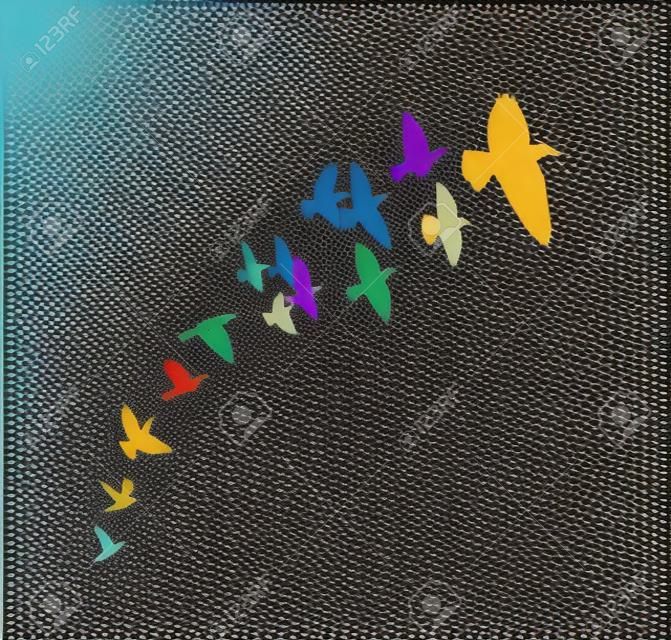 Aves multicolores. Una bandada de pájaros arcoíris voladores. Muchas aves en vuelo. Ilustración vectorial