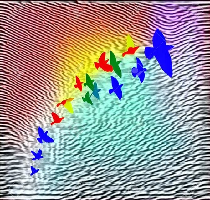 Aves multicolores. Una bandada de pájaros arcoíris voladores. Muchas aves en vuelo. Ilustración vectorial