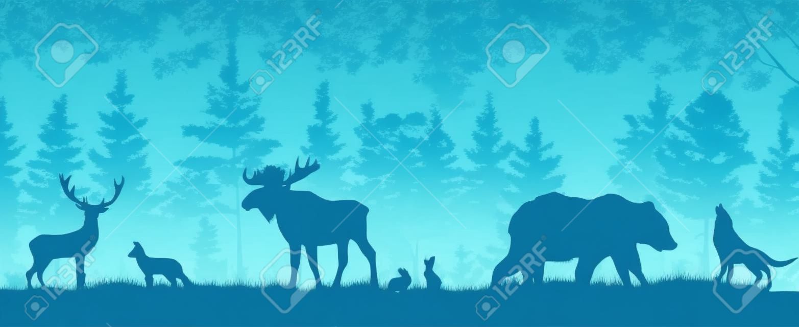 Forest with animals blue silhouette. Vector illustration
