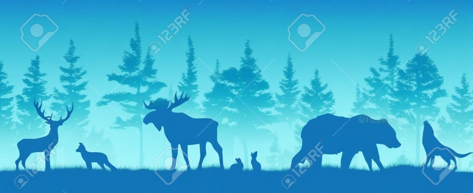 Forest with animals blue silhouette. Vector illustration