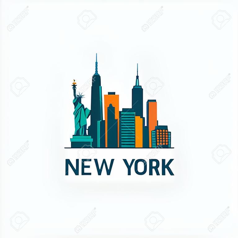 纽约城市建筑复古矢量插画天际轮廓摩天楼平面设计