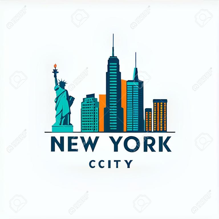 紐約城市建築的復古矢量插圖，天際線剪影，摩天大樓，扁平化設計