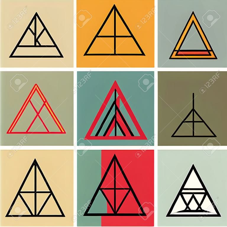 Набор геометрических форм, треугольников. Модные логотипы. Геометрические линии. Иконки Векторная иллюстрация