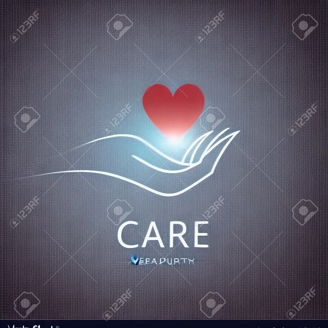 Vector carità, medico, cura, aiuto logo, icona con la linea della mano che tiene il cuore rosso. Isolato