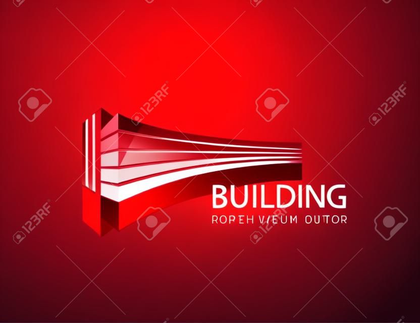 Vector horizontale rote 3D-Gebäude, Büro Logo, das Symbol isoliert. Identität