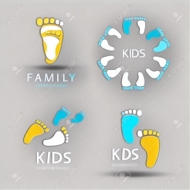 Vektor készlet láb lépések, lábnyomok logók, gyerekeknek logo, családi logo, ikon elszigetelt. Gyűjtemény