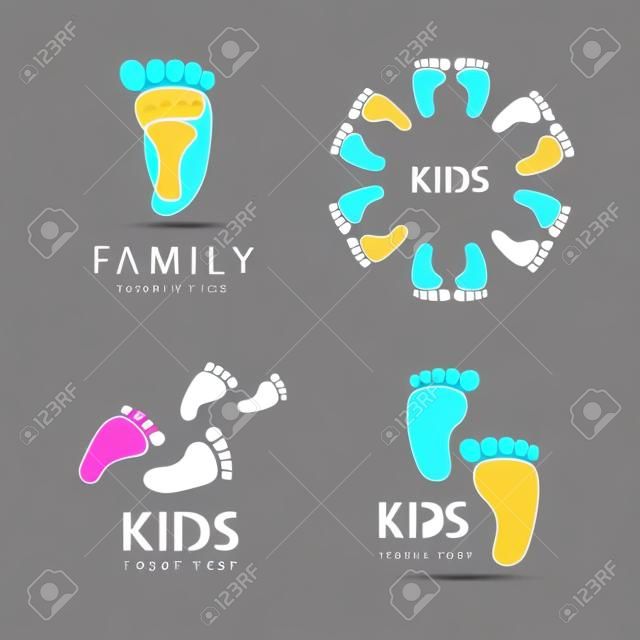 Vektor készlet láb lépések, lábnyomok logók, gyerekeknek logo, családi logo, ikon elszigetelt. Gyűjtemény