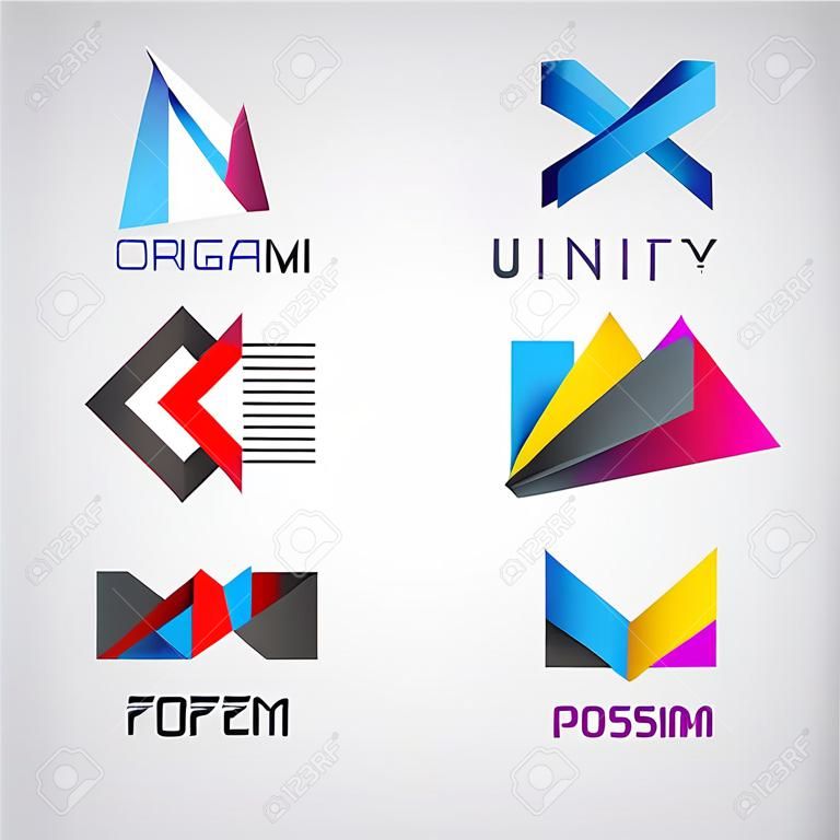 Conjunto del vector de la cinta abstracto de colores, logotipos origami, papel, iones 3d, logotipos aislados. La identidad de la empresa, el logo del sitio web