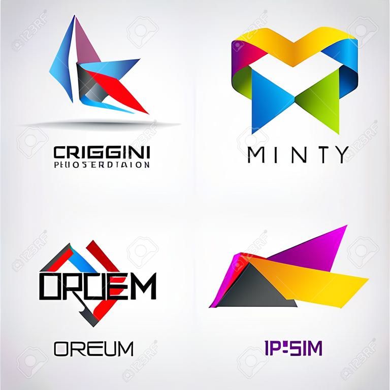 Wektor zestaw streszczenie kolorowe wstążki, logo, papieru, origami jonów 3D logo samodzielnie. Tożsamość dla firmy, strona internetowa logo