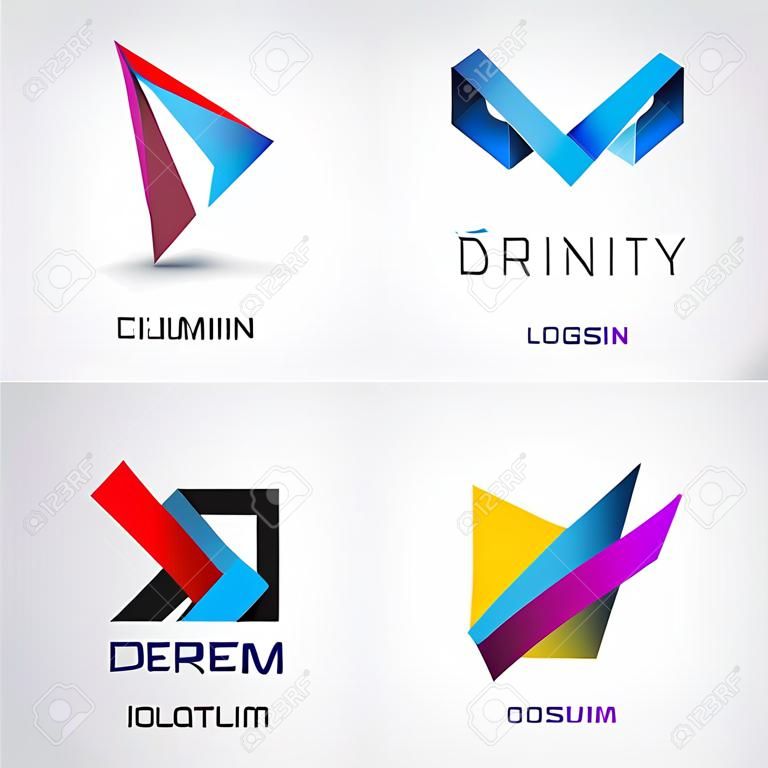 Conjunto del vector de la cinta abstracto de colores, logotipos origami, papel, iones 3d, logotipos aislados. La identidad de la empresa, el logo del sitio web