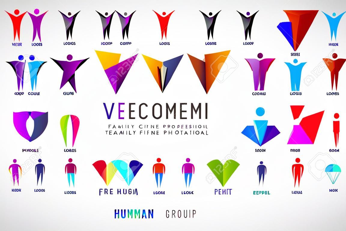 인간, 사람들 그룹 로고의 벡터 집합입니다. 가족, 비즈니스 팀워크, 우정 개념입니다. 3d 종이 접기, 여러 가지 빛깔의 남자 로고