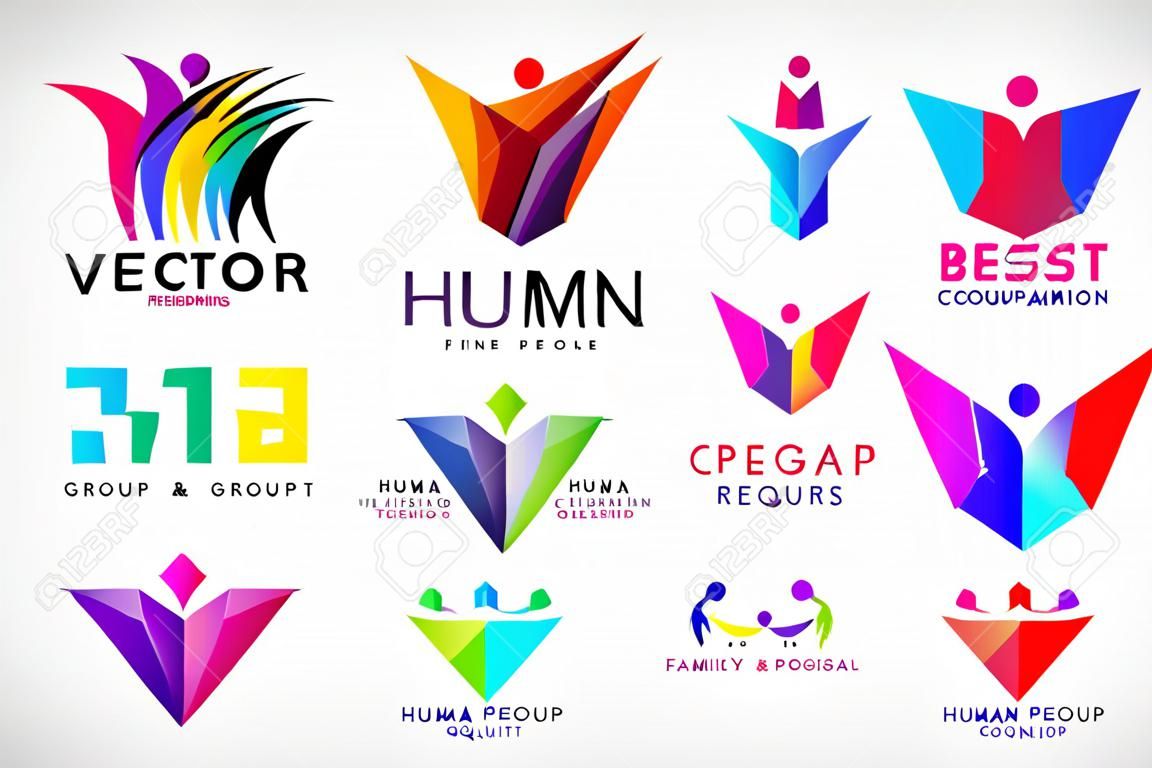 Vector conjunto de logotipos de grupos humanos, personas. Familia, trabajo en equipo empresarial, concepto de amistad. Origami 3d, logo multicolor de hombres