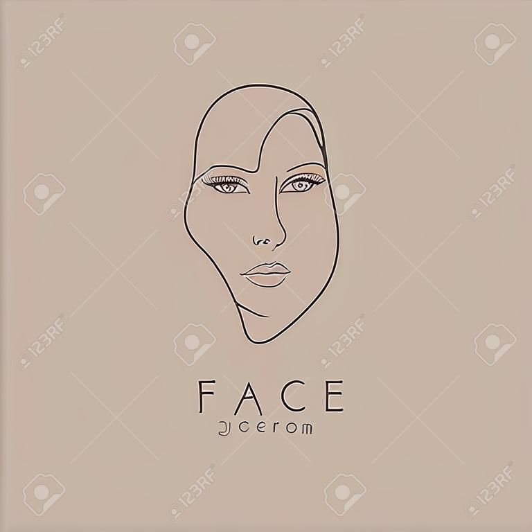 Vector minimal face, linear artistic logo. Social net, emblem for beauty studio and cosmetics - female portrait, beautiful woman s face - badge for make up artist, fashion.