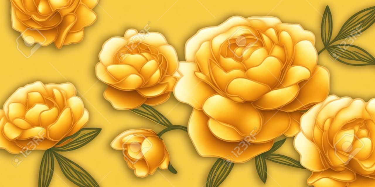 Vector art deco luxury flower line pattern, golden background. Hand drawn peonies for packaging, social media post, cover, banner, creative post and wall arts