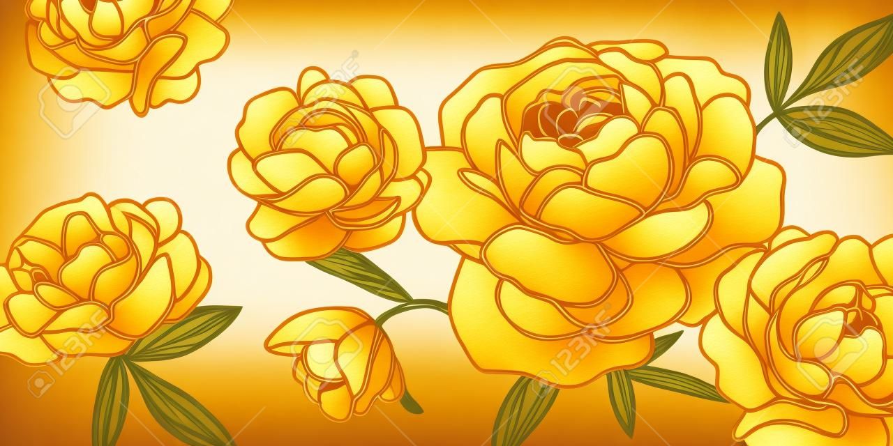 金色の背景にベクターアートデコの高級花線パターン。パッケージ、ソーシャルメディアの投稿、カバー、バナー、クリエイティブな投稿、ウォールアート用の手描きの牡丹