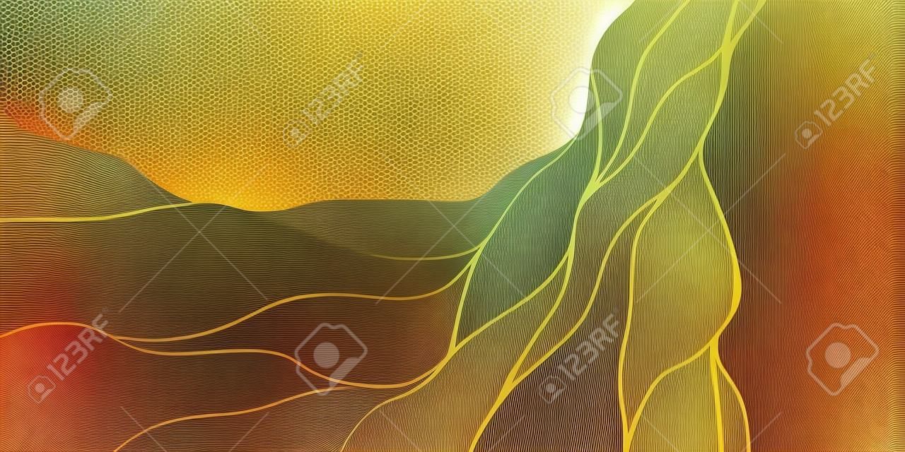 Vector abstract golden luxury pattern, lines background. Line arts wallpaper. Wavy art deco texture for print, fabric, packaging design. Laves, organic, landscape art in japanese style.