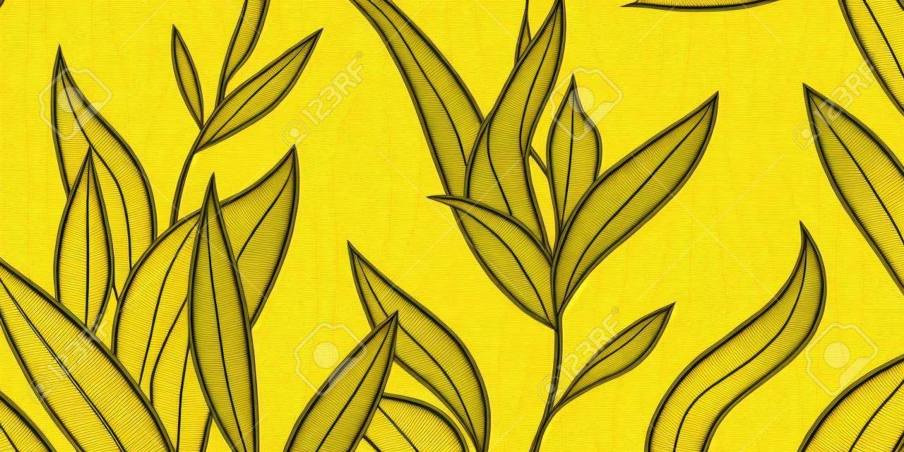 Vector golden leaves botanical modern, art deco wallpaper background. Line design for interior design, textile patterns, textures, posters, package, wrappers, gifts etc. Luxury. Japanese style.