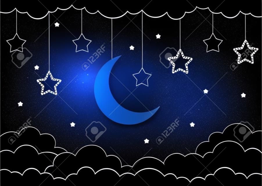 Half moon, stars and clouds on the dark night sky background. Paper art. Garland with stars. Vector Illustration. 