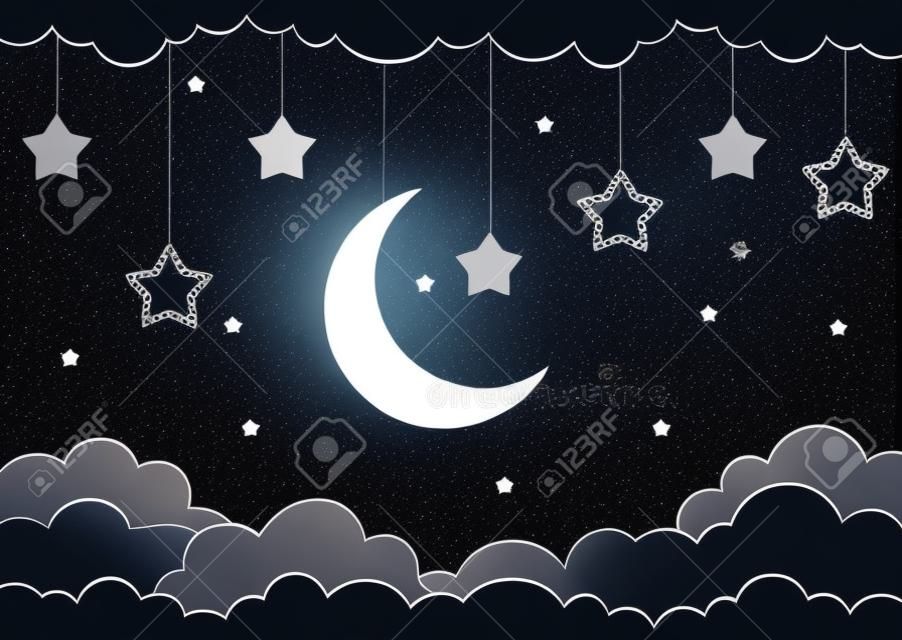 Mezza luna, stelle e nuvole sullo sfondo del cielo notturno scuro. Arte della carta. Ghirlanda con stelle. Illustrazione vettoriale